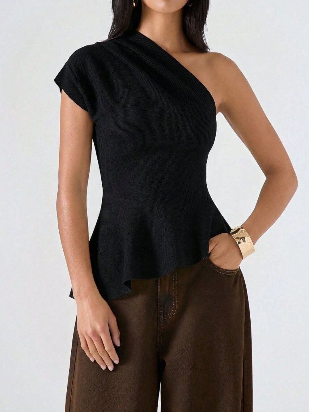 Black Casual Women's Minimalist Asymmetric Neckline Ruched Elegant Knit Top